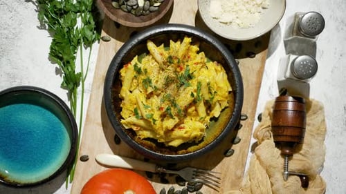 Penne Pasta with Pumpkin Chilli and Parsley in Plate on White Wooden Cutting Board Top View