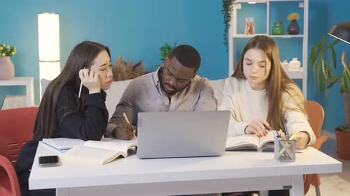 College students of different races study at home.