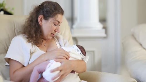 Woman Breastfeeding Newborn Infant Indoors in Natural Light