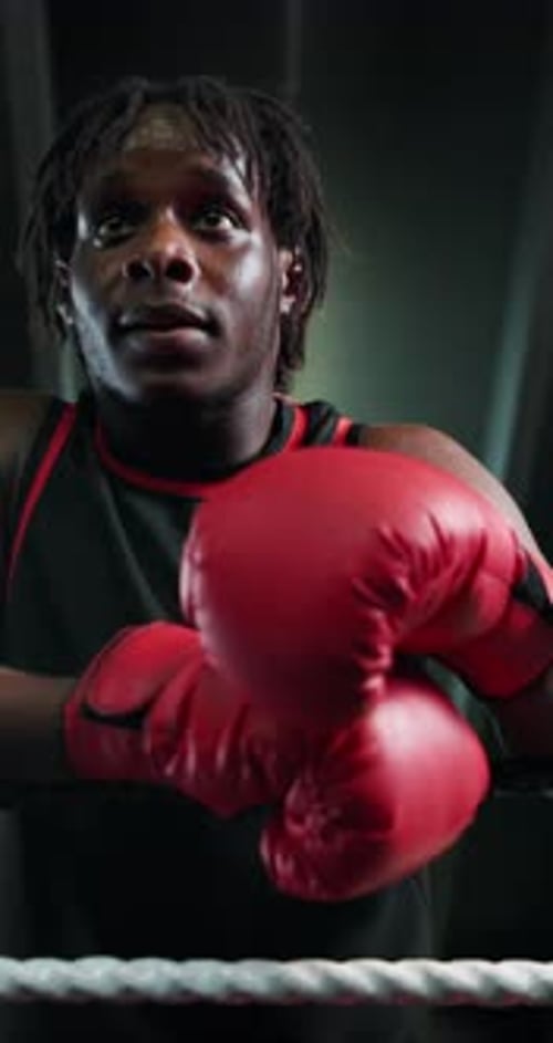 Boxer Resting in Ring Wearing Red Boxing Gloves