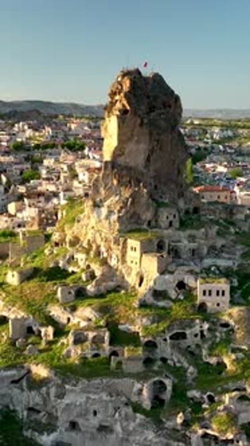 Vidéo verticale : vue aérienne impressionnante d'Ortahisar, Turquie, Cappadoce