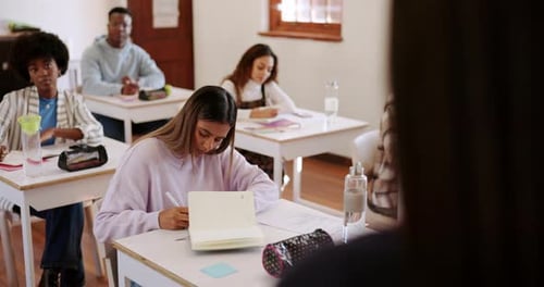 University, education and lecture with professor and students at desk for attention