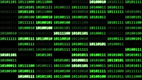 Binary code black and green background with digits moving on screen