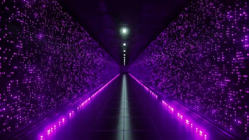 Server room corridor with purple lights blinking