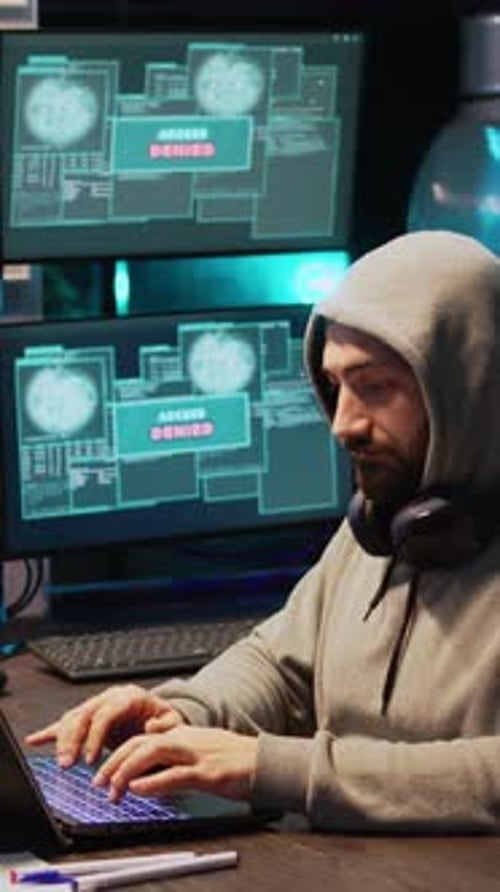 Un ladrón de hackers masculino de Vídeo vertical irrumpe en el servidor de seguridad