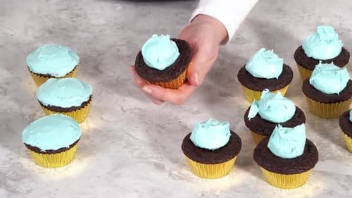 Decorating Chocolate Cupcakes with Buttercream Frosting and Rainbow Candy