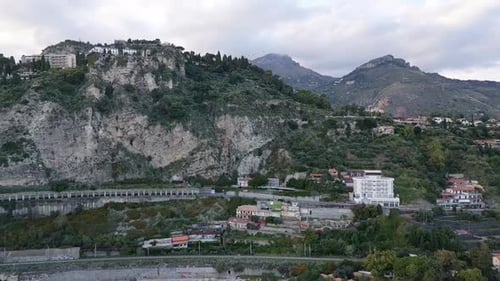 Mountain Town Of Taormina In Sicily, Italy - Drone Shot