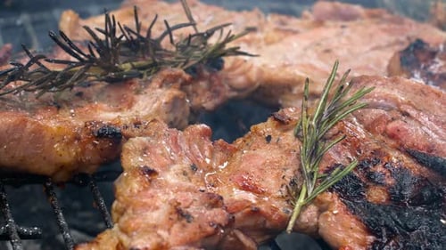 Succulent Pork Steak with Rosemary Sprigs Grilling to Perfection on Hot Coals