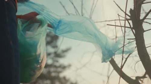 Un voluntario dedicado con ropa brillante desenreda suavemente los escombros atrapados entre las ramas de los árboles al amanecer