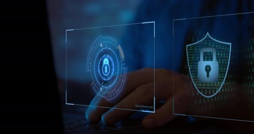 Close Up of Hands Typing, Cybersecurity Graphics