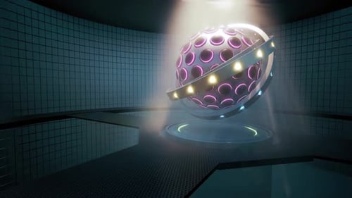 Futuristisches Volumenlicht aus Neonkugelreaktor Science Scene