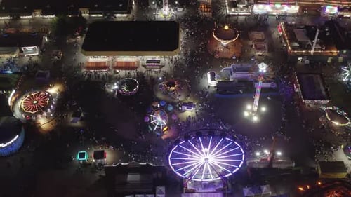 Aerial Drone View Of Crowded People And Amusement Rides At The Washington State Fair In Puyallup, Wa