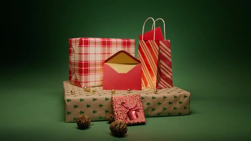 Stack of Red Christmas Gift Boxes with Presents Emerald Green Motion Background