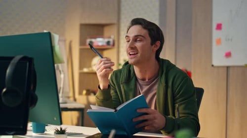 Creative Designer Brainstorming Desktop Video Call At Office. Closeup Smiling Creator Discussing ...