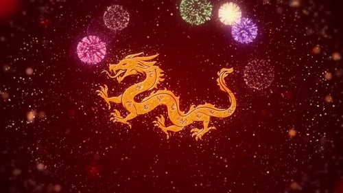 Festive Golden Dragon with Sparkling Fireworks Background Animation