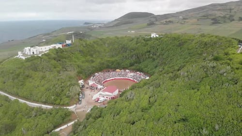Vista aérea de la plaza de toros de la isla Graciosa en Azores