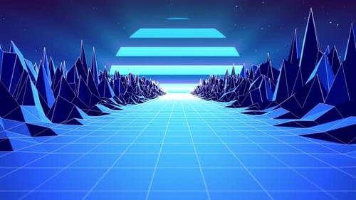 Retro animation of a blue landscape in the synthwave style of the 80s and 90s with glow effect
