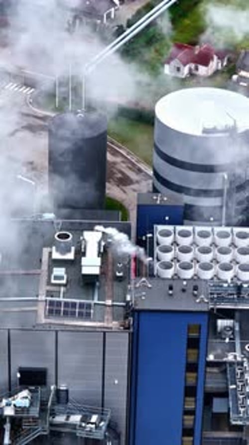 Aerial view, petroleum gas factory plant and refinery storage, drone shot