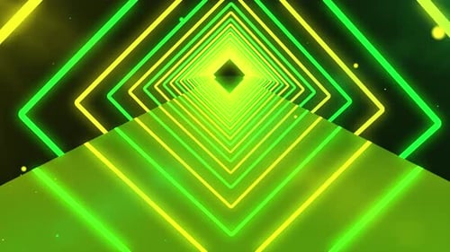 Futuristic Neon Tunnel with Yellow and Green Lights with Particles