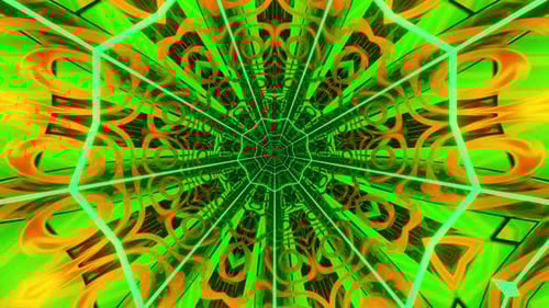 Green and orange abstract design with circular design. Kaleidoscope VJ loop