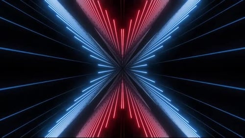 Dynamic neon tunnel with vibrant blue and red light trails