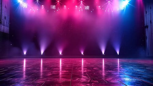 Vibrant stage illuminated by colorful spotlights. Foggy atmosphere and reflective floor