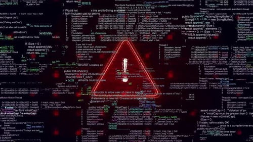 Digital Glitch Warning: Animated Code Stream Background