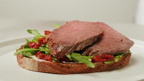 American Pastrami Sandwich in New York Ham Meet Cuts Chef Cooking Famous Thick Cut Sous Vide Beef