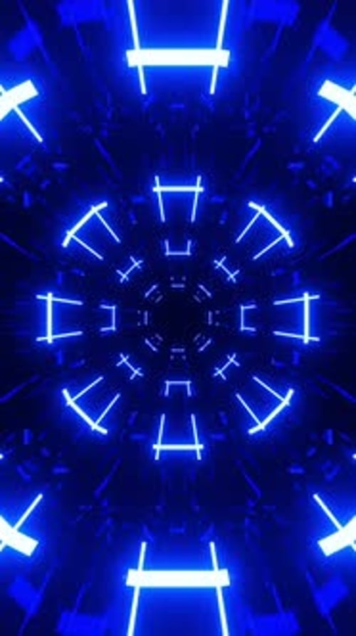Futuristic glowing blue neon light tunnel abstract background.