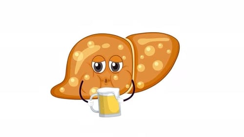 Cartoon Fatty Liver Character Drinking Beer, Unhealthy Liver, Alcohol, Medical Cartoon Animations