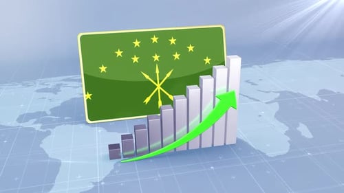 Adygea Flag With Increasing Bar Chart Graph And Arrow Green