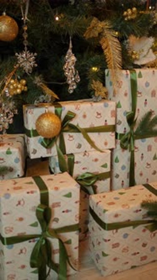 Christmas Gifts Under Decorated Tree with Ornaments