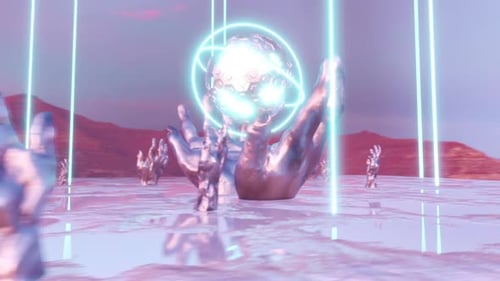 Abstract Futuristic Glowing Sphere with Atomic Rings and Hands