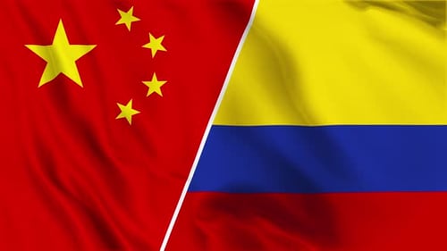 China and Colombia National Flags Waving Split Screen