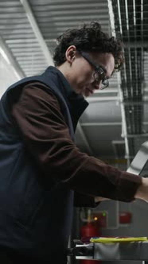 Vertical of Network Engineer Using Radio While Checking Laptop in Data Center