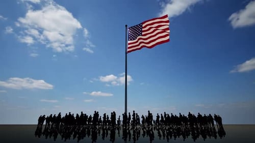 American Flag and Walking Crowd