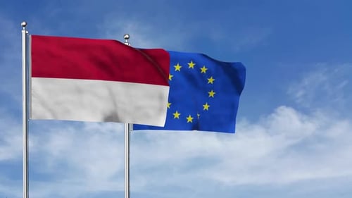 Waving Flags of Indonesia and European Union