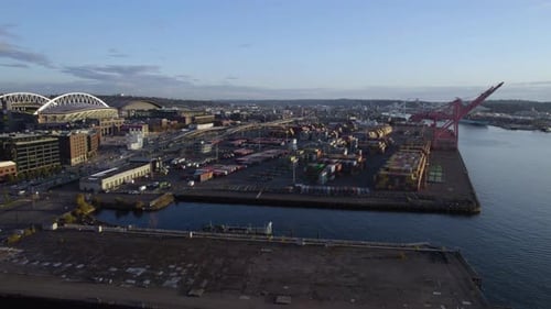 Aerial view of PTSC - Terminal 46, golden hour in Seattle, USA - panoramic, drone shot