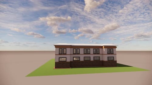 Building stands on green lawn