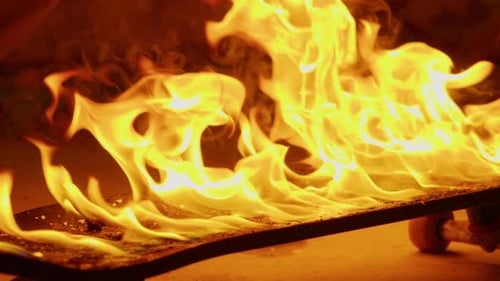 Close-up of a Skateboard on Fire