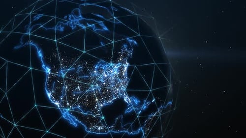 View from a near-Earth satellite orbit of a nighttime planet covered by global worldwide digital net