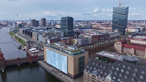Aerial view of modern buildings on the bank of spree river , Berlin