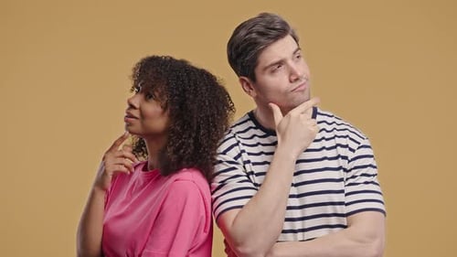 Young Black Woman Gazes Dreamily White Male Partner Looks Thoughtful Focused