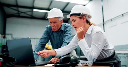 Laptop, stress and manager with construction worker plan architecture for maintenance