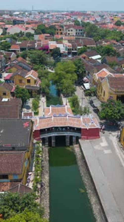 Time lapse of Aerial view Chua Cau or Japanese Covered ancient Bridge