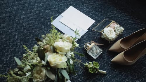 Beautiful Wedding Bouquet and Boutonniere Decorated with Fresh White Roses Brides Perfume Slow