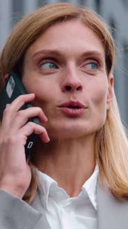 Portrait Caucasian Adult Business Woman Talking Mobile Phone in City Professional 40s Businesswoman