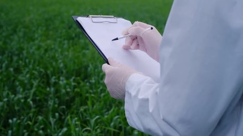 Botanist scientist analyzing plant crop making notes in a journal. Woman gardener biologist testing