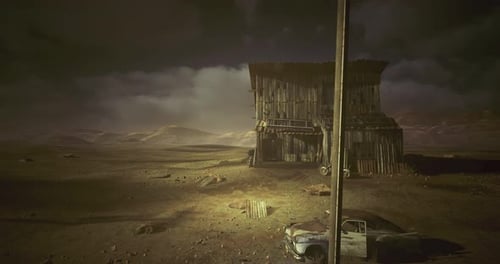 Grungy Vertical Wipe Transition Reveals Post-Apocalyptic Scene