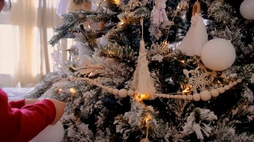 Child Decorating Christmas Tree with Natural Ornaments